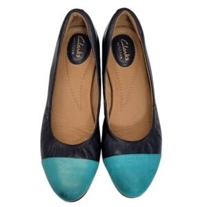 Clarks Artisan Cap Toe Flats Women 8 Leather Navy Teal Comfort Work Colorblock